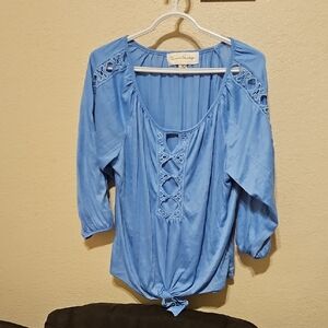 French Laundry Sky Blue Blouse with Lace Accents